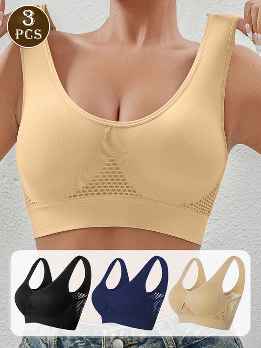 Moh - Maya3PCS EssElegance High Support Wire - Free Sports Bras With Padded & Mesh Panels, Breathable Stretch Fit For Yoga Running Training - Moh - Maya5Moh - MayaBLACK WHITE KHAKI3PCS EssElegance High Support Wire - Free Sports Bras With Padded & Mesh Panels, Breathable Stretch Fit For Yoga Running TrainingSS